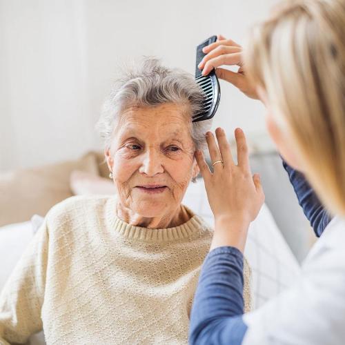 Elderly woman getting hair combed by carer